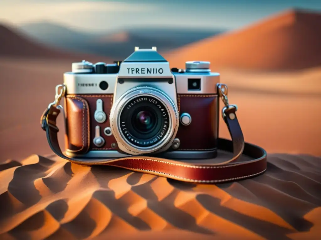 Un estuche de cuero vintage para cámara, desgastado por el tiempo en un árido desierto rojo