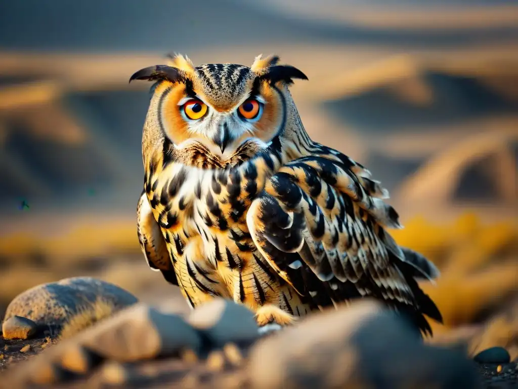 Un búho real euroasiático camuflado en el terreno rocoso de una estepa, sus patrones de plumas reflejan los colores de las rocas