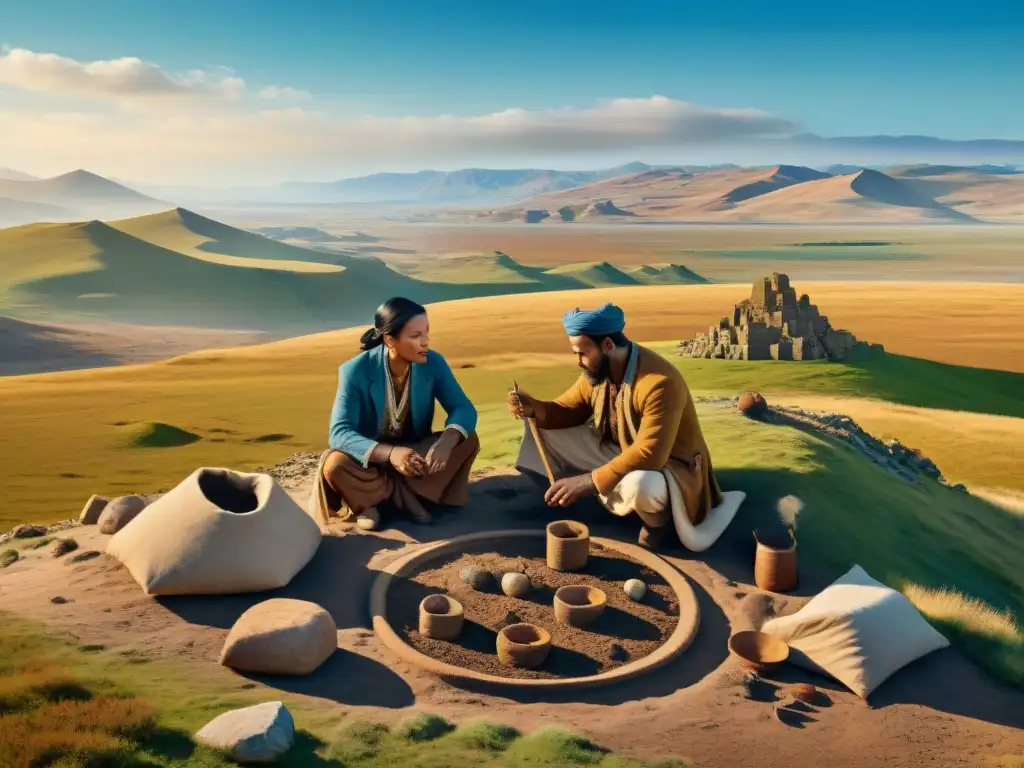 Excavación de artefactos en las estepas: historia y descubrimiento Excavación de artefactos antiguos por culturas nómadas en la estepa, destacando la importancia arqueológica