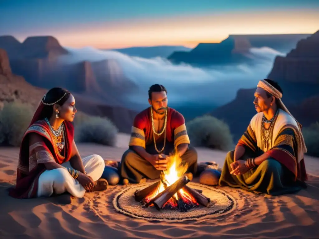 Experiencias espirituales tribus nómadas reunidas alrededor del fuego, bajo un cielo estrellado en un ritual liderado por un chamán