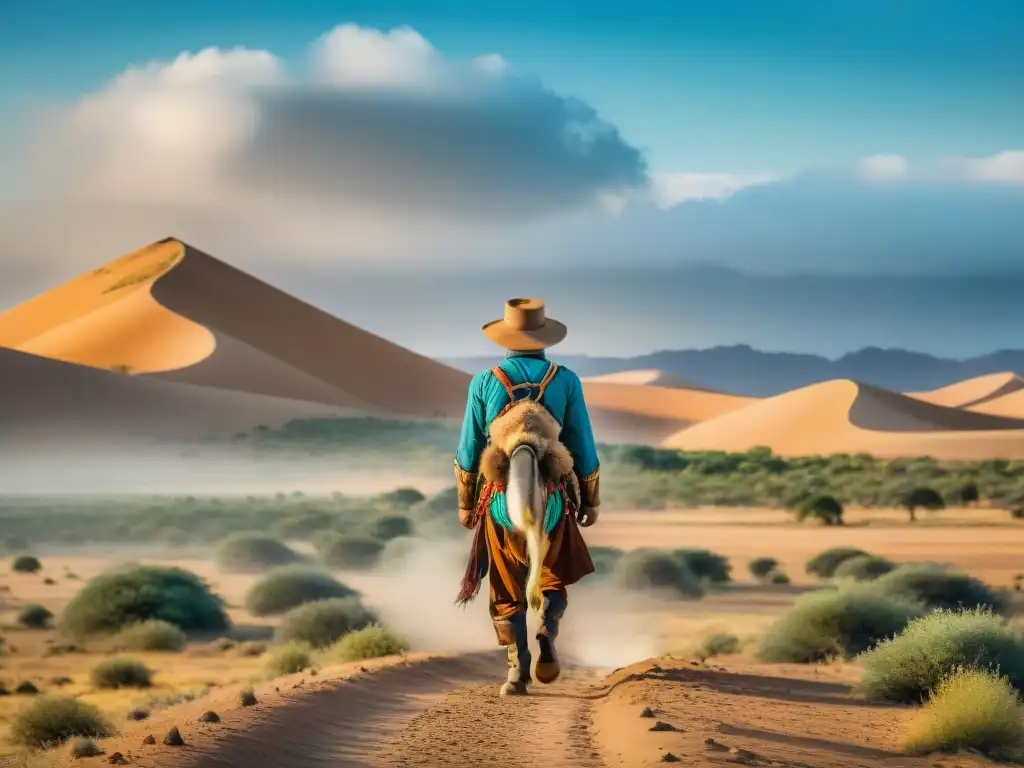 Explorador nómada en paisaje árido: Resiliencia y determinación Un explorador nómada con su equipo esencial atraviesa tierras áridas bajo el sol abrasador