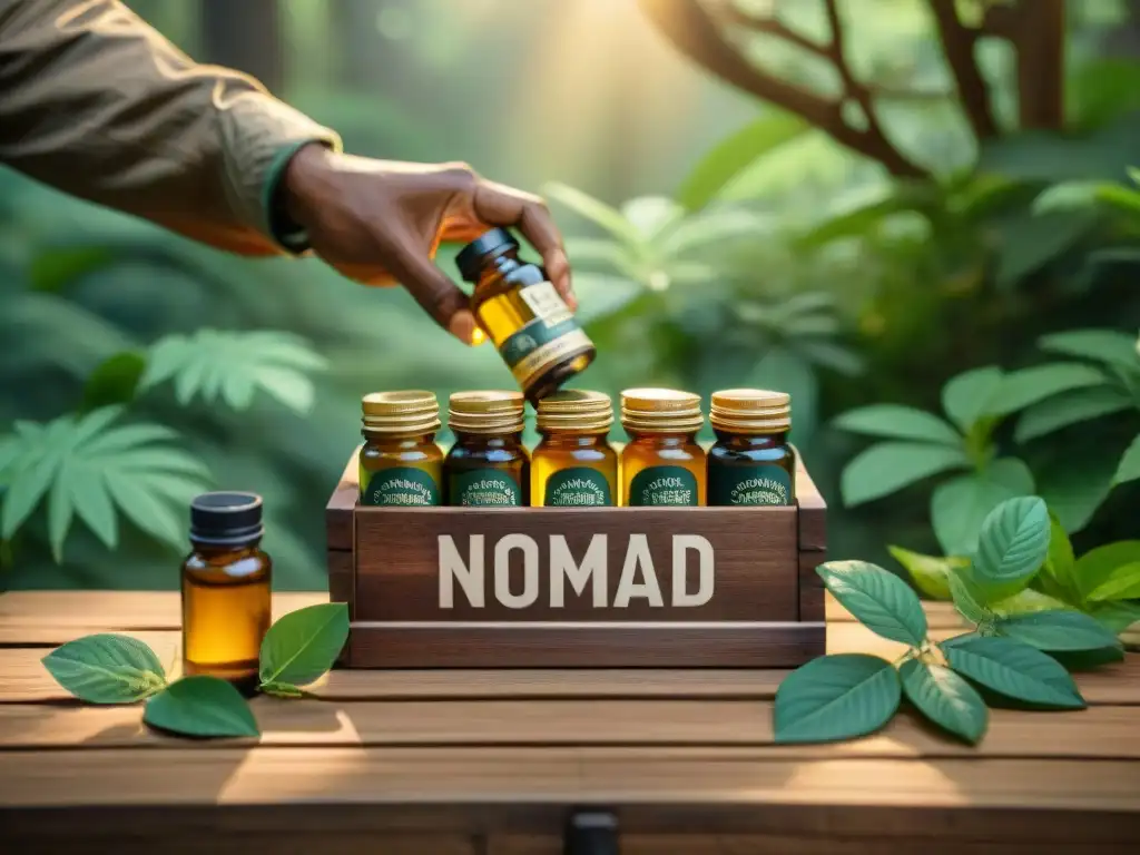 Un explorador nómada selecciona suplementos en un bosque tranquilo