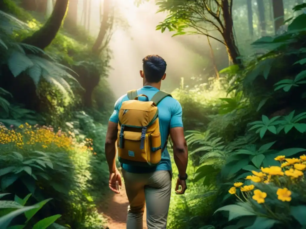 Un explorador recio atraviesa un bosque exuberante llevando una cantimplora, rodeado de vegetación y flores silvestres, bajo la luz del sol