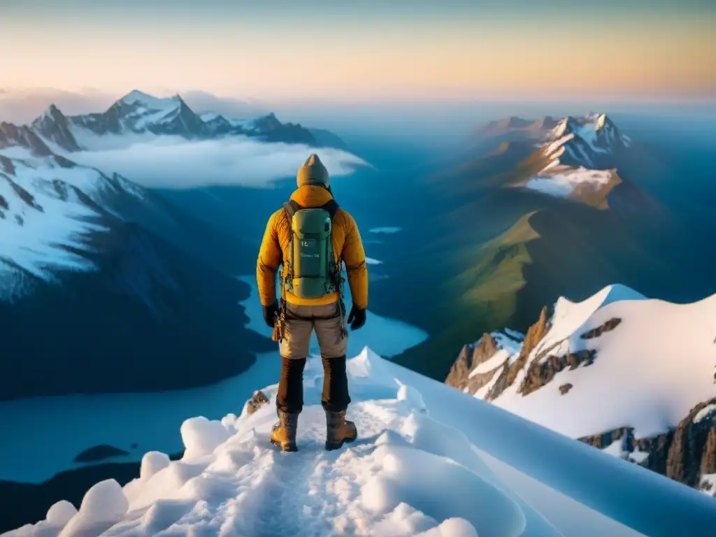 Un explorador vintage en la cima de una montaña nevada con un teléfono satelital, admirando un paisaje salvaje