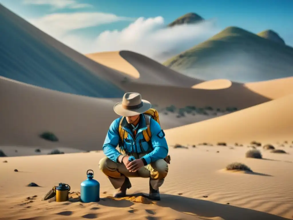 Un explorador vintage en un desierto, obteniendo agua