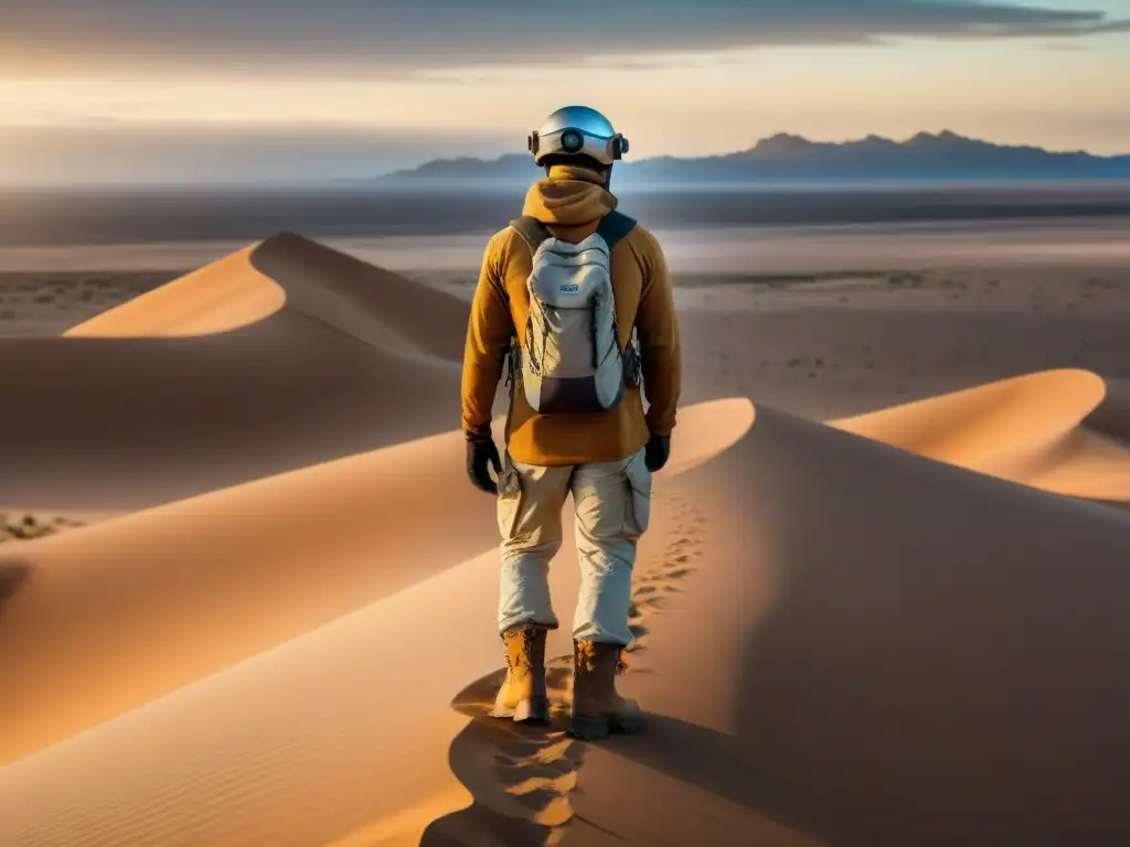 Un explorador vintage en un desierto con ropa adaptativa para climas extremos ajustando sus gafas al atardecer