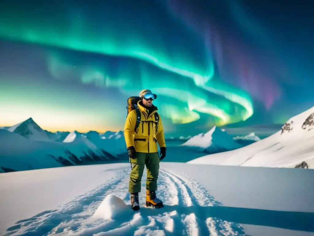 Un explorador vintage en equipo de exploración para climas extremos ajustando sus gafas en un paisaje helado bajo las auroras boreales