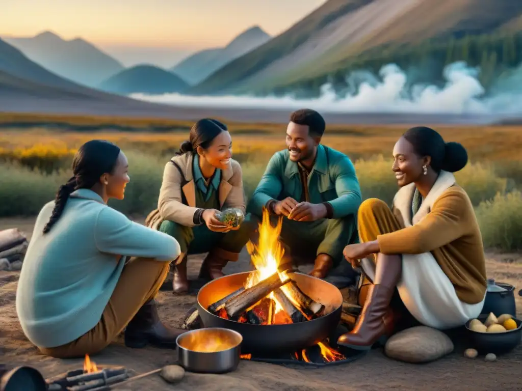 Exploradores cocinan una comida saludable en las estepas doradas, resaltando la nutrición para exploradores de estepas