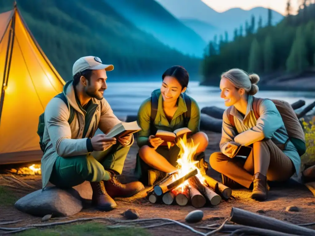 Exploradores modernos descubriendo recetas ancestrales tribus nómadas en campamento nocturno