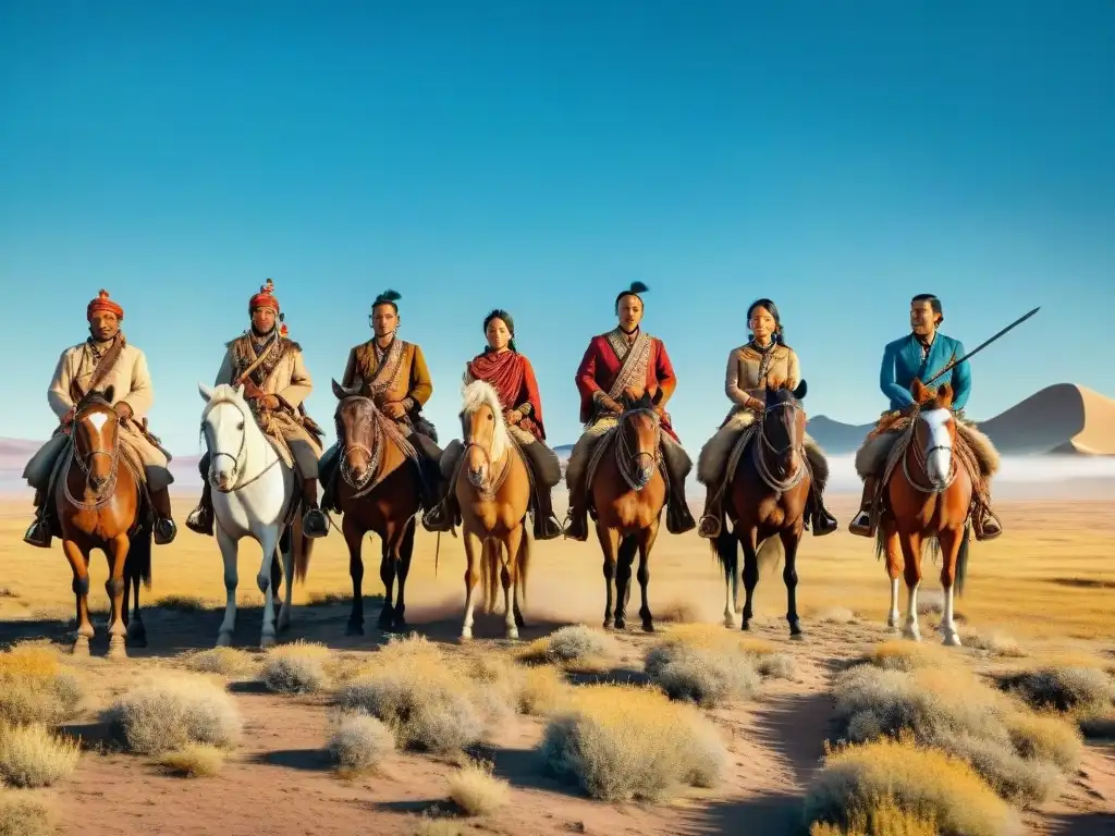 Exploradores en estepas tribus nómadas cabalgan en la naturaleza