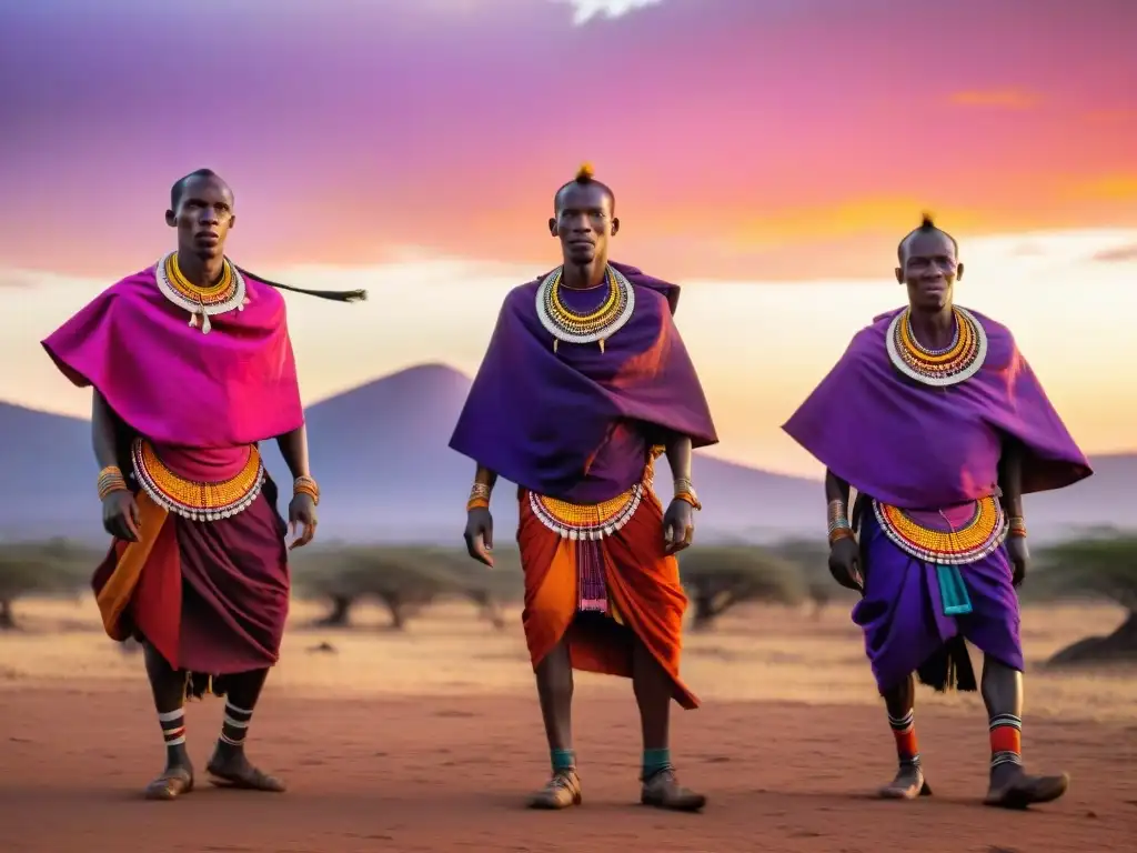 Expresiones espirituales: danza nómada de guerreros Masai al atardecer en la sabana africana