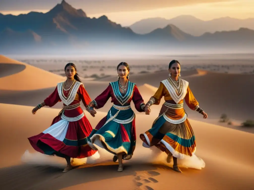 Expresiones espirituales danza nómada: Bailarines en el desierto al atardecer, creando patrones mágicos con sus movimientos sincronizados