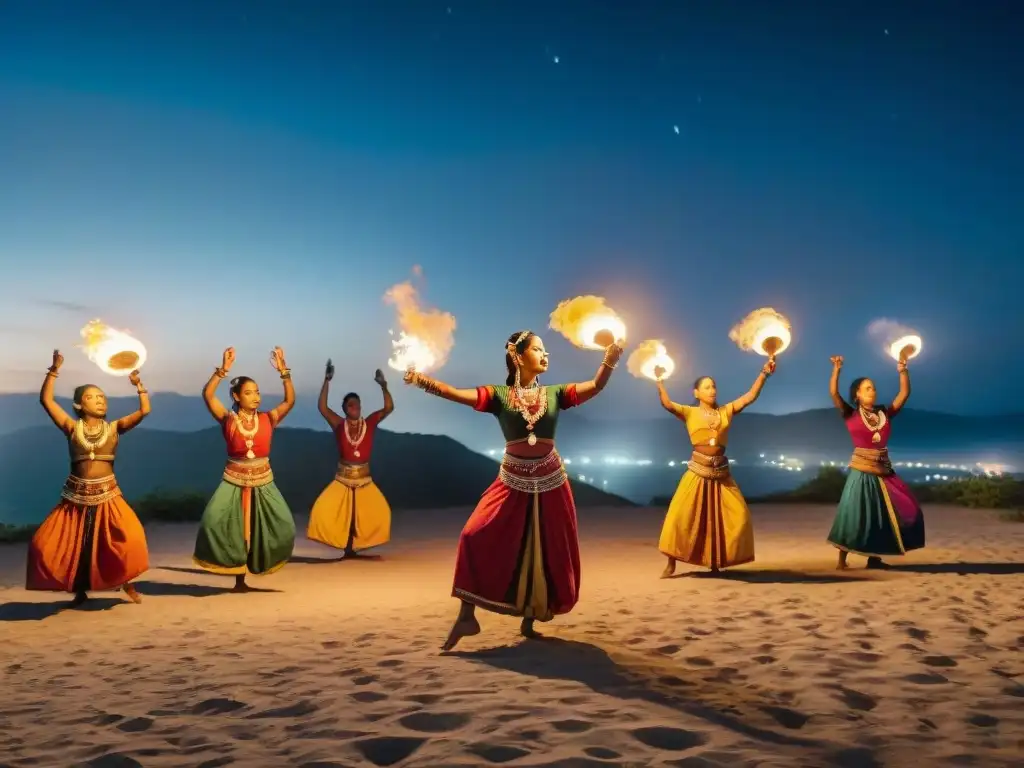 Expresiones espirituales en danza nómada bajo la luna y antorchas