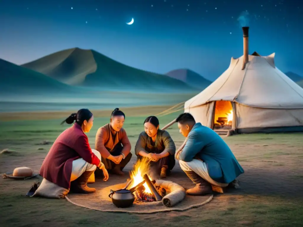 Familia nómada mongola preparando comida en las estepas bajo un cielo estrellado, mostrando la esencia de la gastronomía nómada