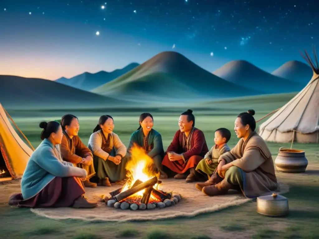 Familia nómada mongola compartiendo experiencias auténticas estepas Mongolia bajo el cielo estrellado