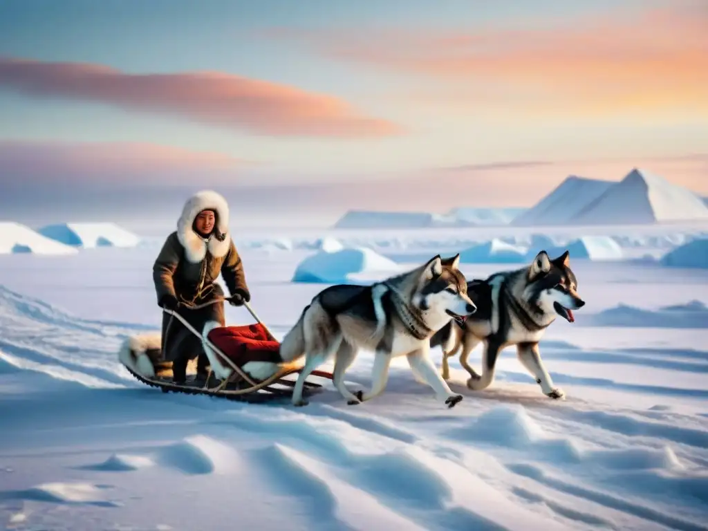 Una familia inuit nómada atraviesa la tundra helada al atardecer ártico, con lobos en la distancia