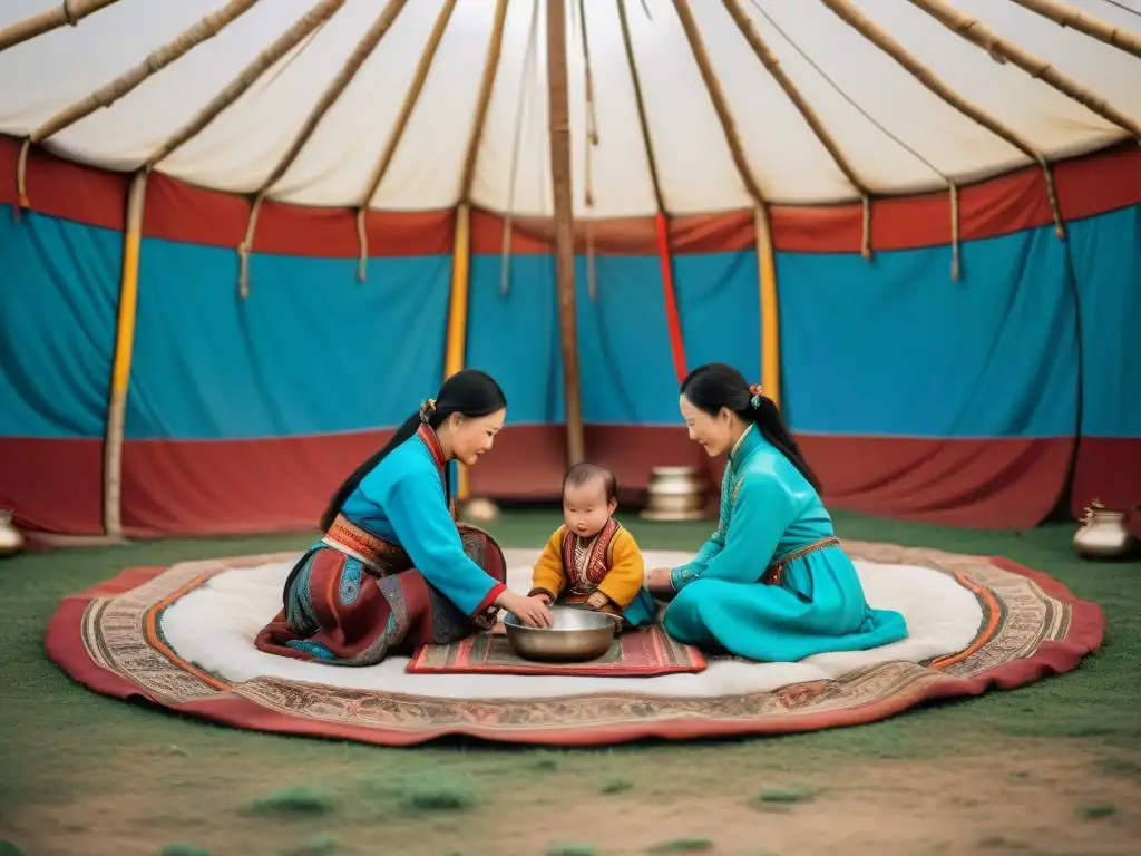 Familia nómada mongola junto a su yurta en la estepa, enseña lecciones de sostenibilidad en armonía con la naturaleza