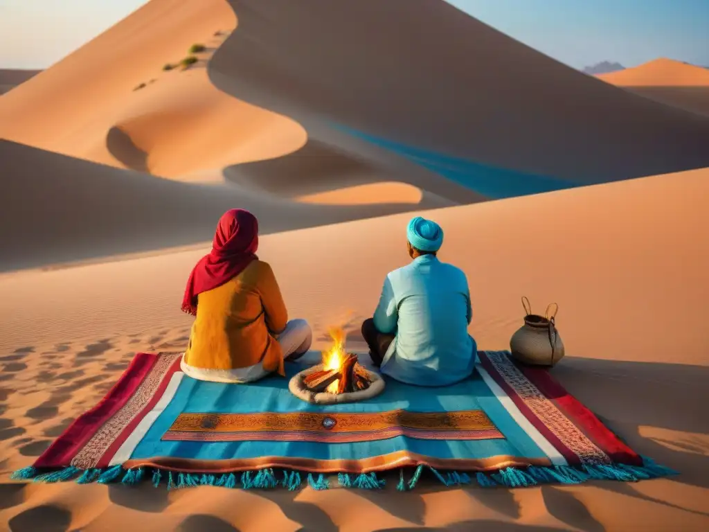 Familia nómada tejiendo alfombras en desierto, reflejando artesanía tradicional y herencia cultural