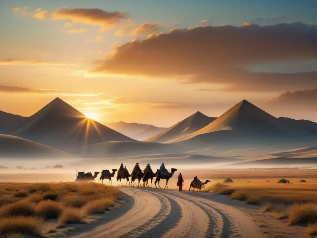 Una familia nómada atraviesa la estepa al atardecer, con camellos y tiendas tradicionales