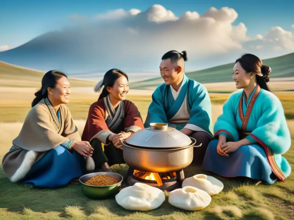 Una familia nómada mongola disfruta de buuz mientras el sol se pone sobre las auténticas estepas de Mongolia