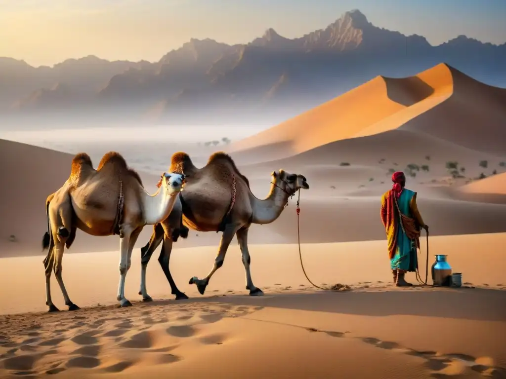 Familia nómada ordeñando camellos al atardecer en el desierto