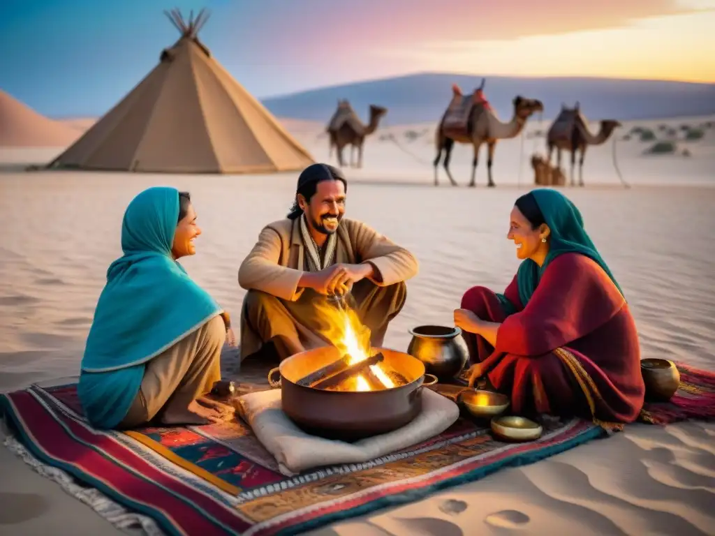 Una familia nómada disfruta de una cena alrededor de una fogata bajo el cielo estrellado en el desierto, en un ambiente de comunidad y bienestar, reflejando las prácticas de bienestar de nómadas