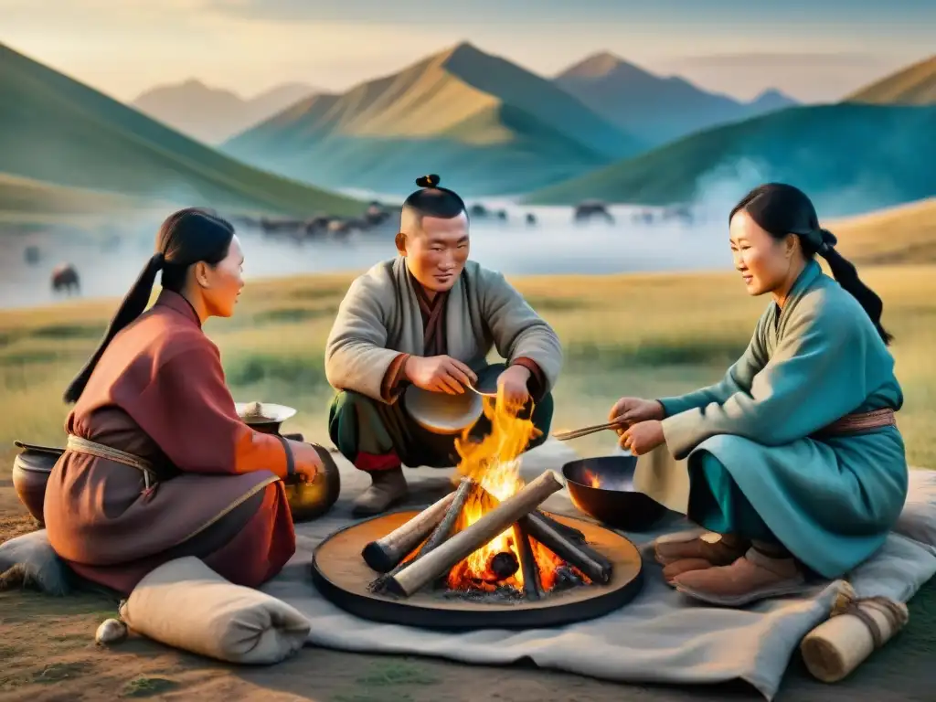 Una familia nómada mongola preparando una comida tradicional alrededor de una fogata en la estepa, reflejando una dieta equilibrada en tribus nómadas