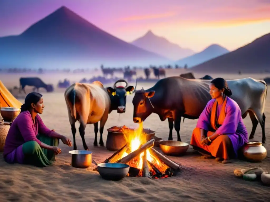 Familia nómada reunida alrededor del fuego, preparando comida tradicional