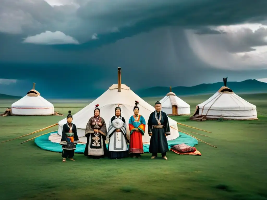 Una familia nómada en la estepa mongola, vistiendo trajes tradicionales y joyas, en medio de la vasta naturaleza