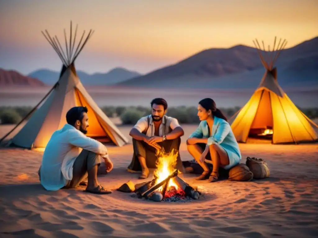 Familia nómada unida en el desierto al atardecer, tradiciones nómadas en la globalización