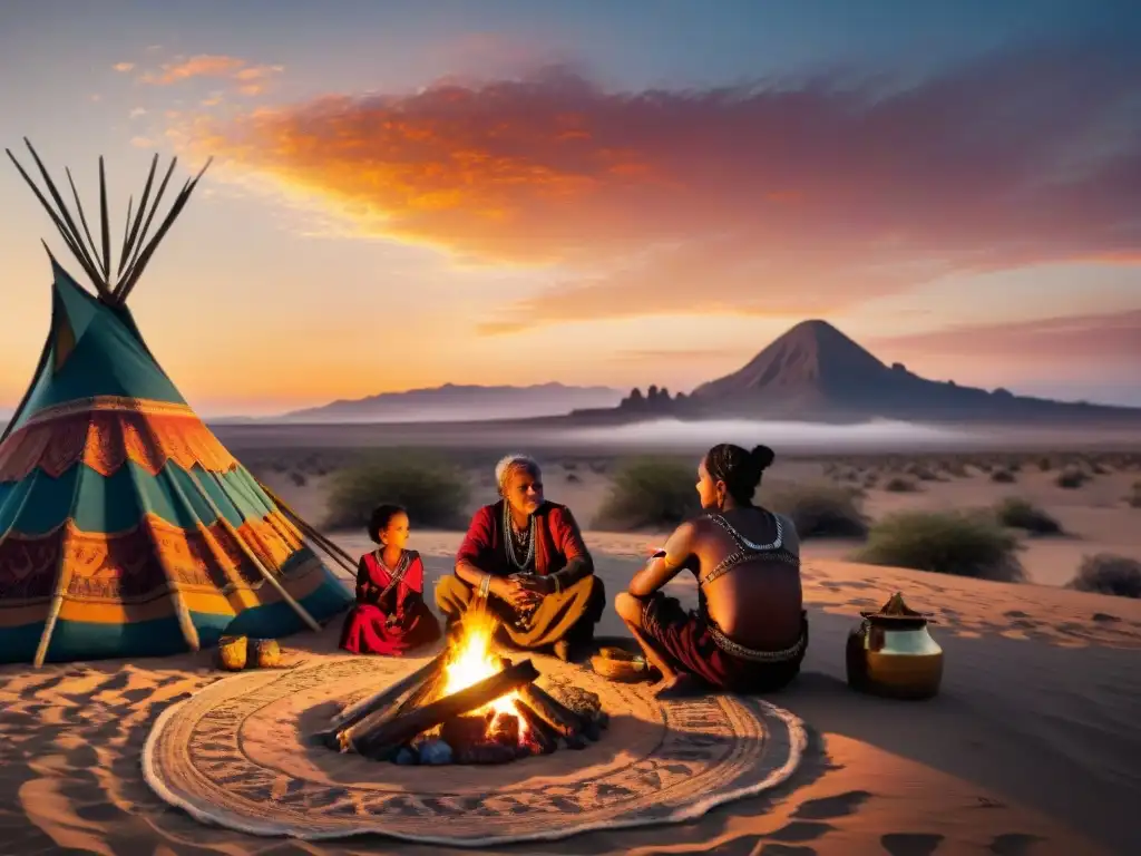 Una familia en tribus nómadas reunida alrededor de una fogata al atardecer en el desierto