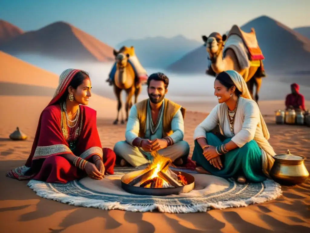 Familias nómadas practicando artesanía tradicional en desierto al atardecer