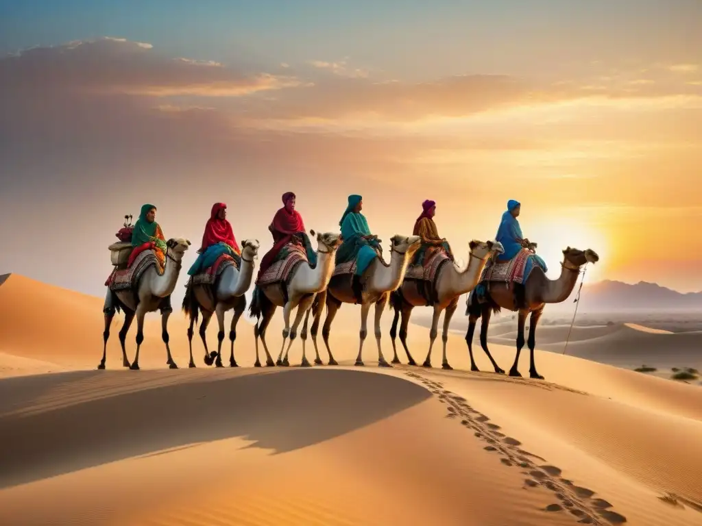 Familias nómadas viajando en camellos por el desierto al atardecer