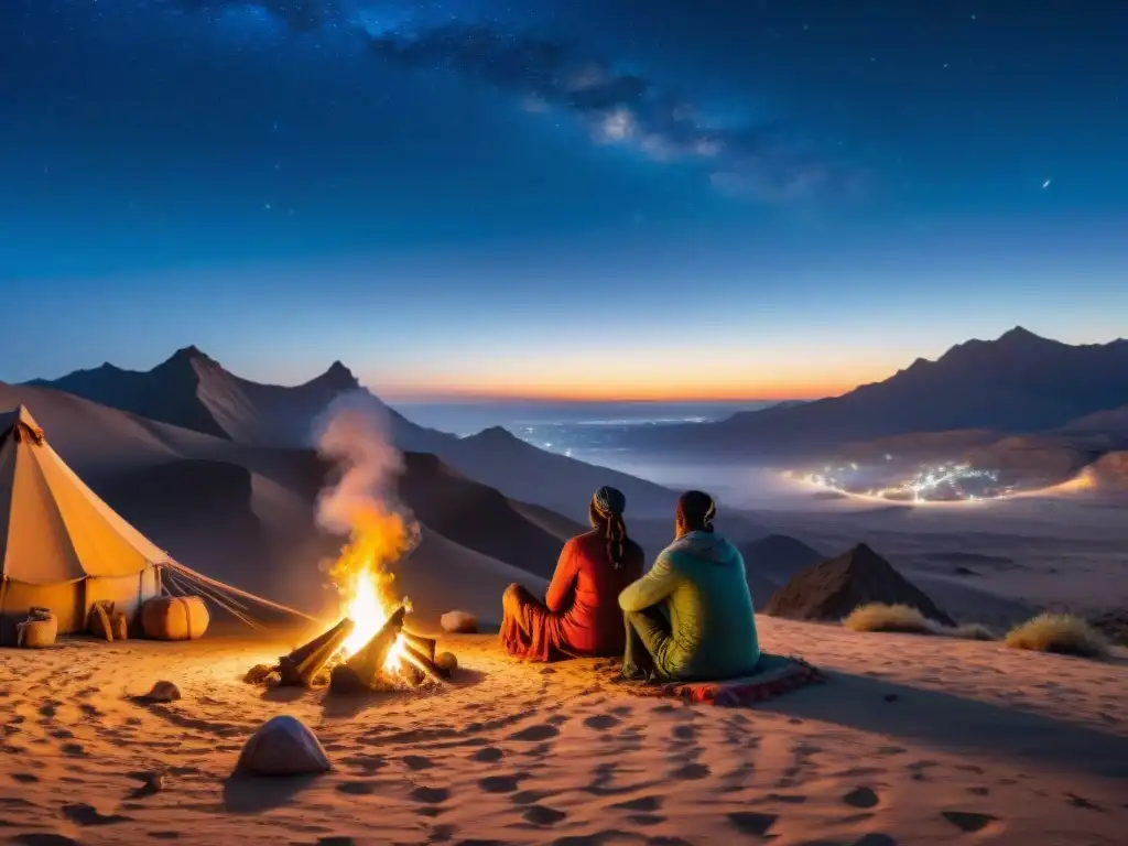 Fascinante imagen de tribus nómadas bailando al ritmo de la música bajo las estrellas en el desierto