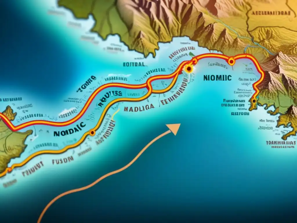 Un fascinante mapa vintage que entrelaza rutas nómadas antiguas con senderos digitales, fusionando culturas y legados tribales