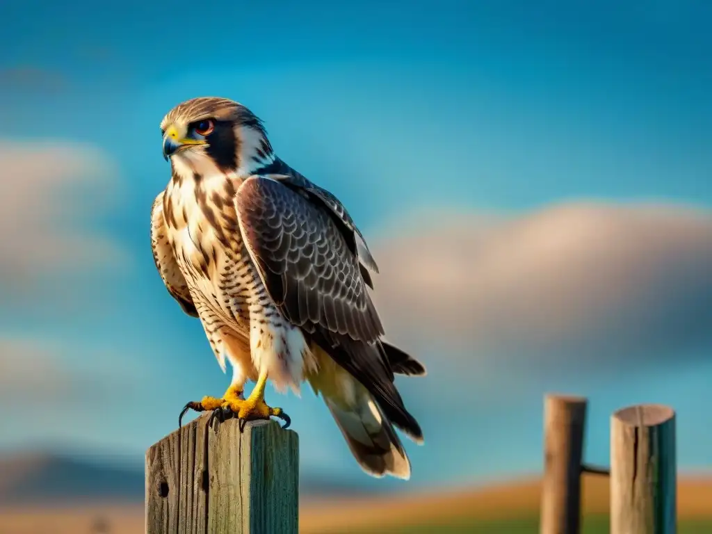 Fauna nómada en workshop especializado: Majestuoso halcón posado en una cerca de madera, mirando hacia una extensa llanura bajo un cielo azul