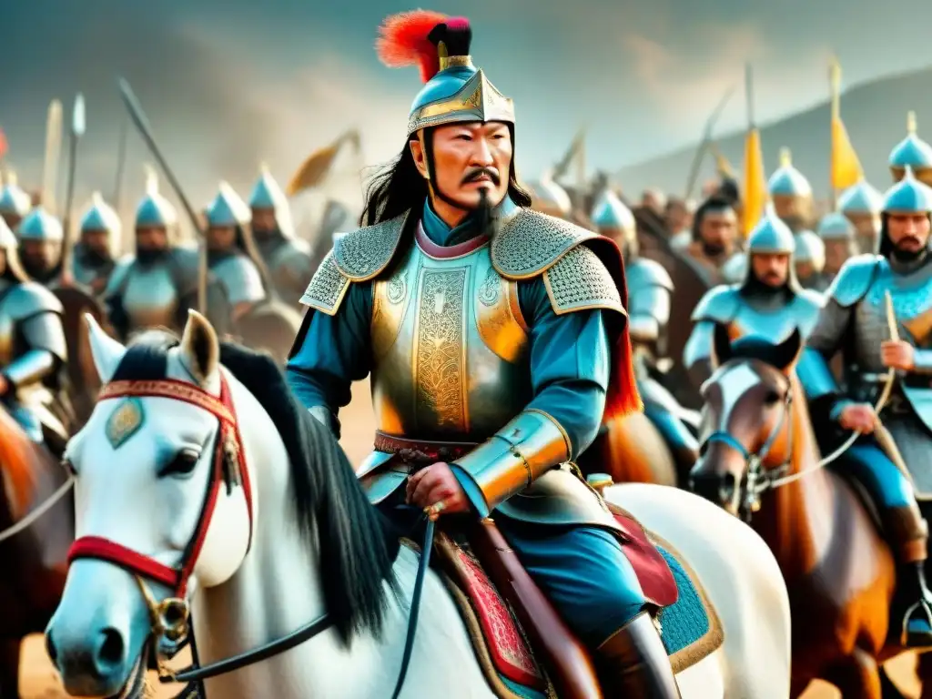 Épica ilustración vintage de Genghis Khan vs Alejandro Magno en feroz batalla a caballo con sus ejércitos en antiguo campo de batalla