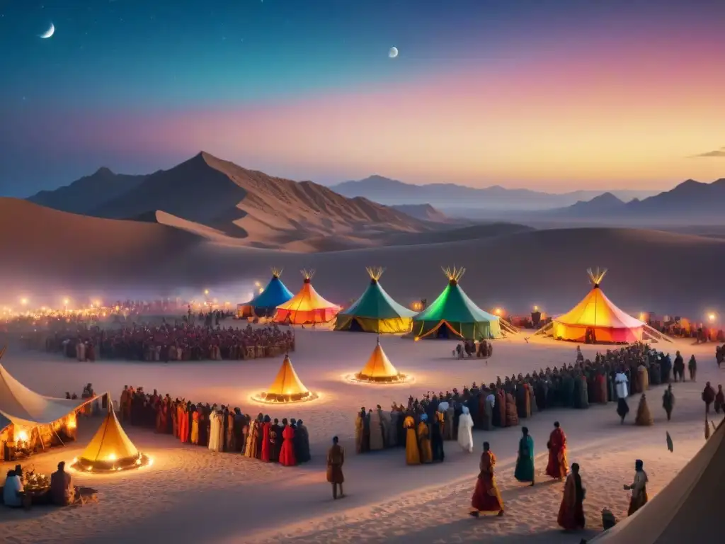 Festivales culturas nómadas contemporáneos: Celebración moderna en desierto estrellado con tiendas coloridas y personas bailando