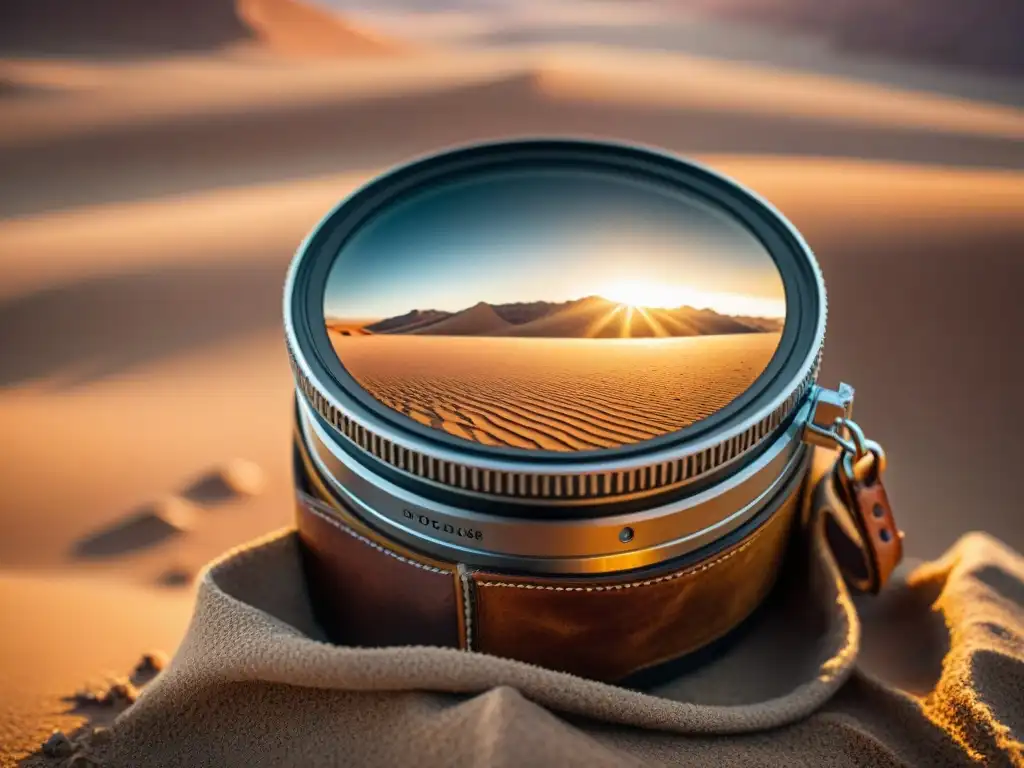 Un filtro fotográfico para tribus nómadas cubierto de arena dorada en un desierto, con tiendas y paisaje árido al fondo