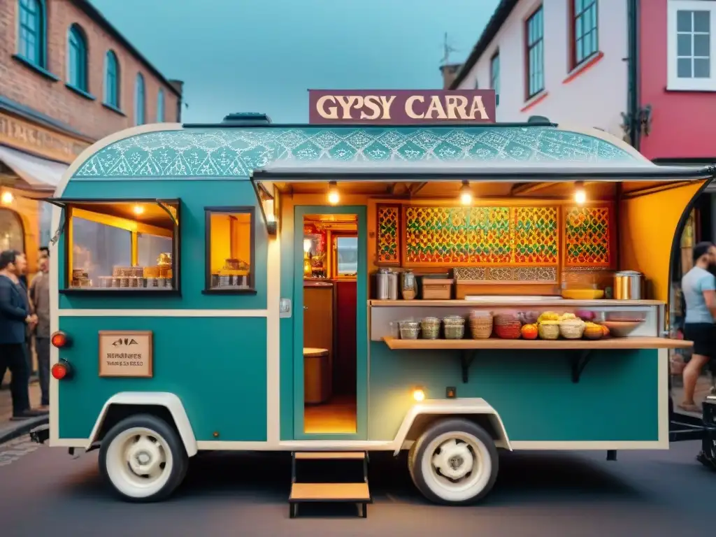 Un food truck nómada con cocina bulliciosa en un mercado vibrante