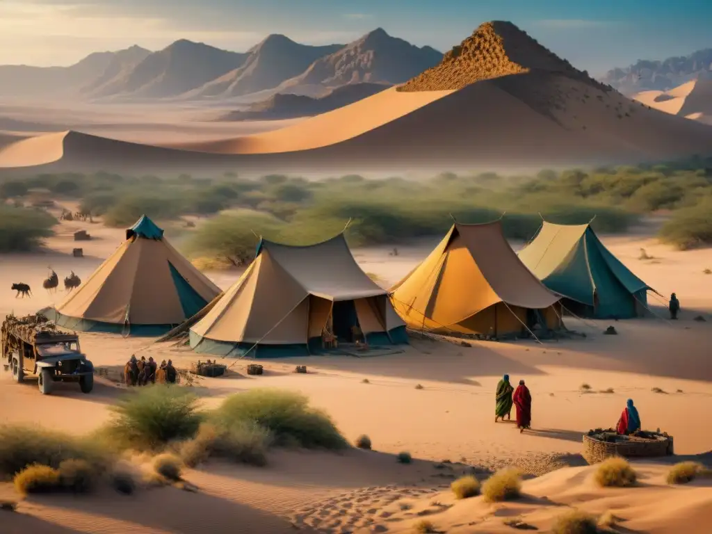 Fortificaciones tácticas nómadas en el desierto al atardecer