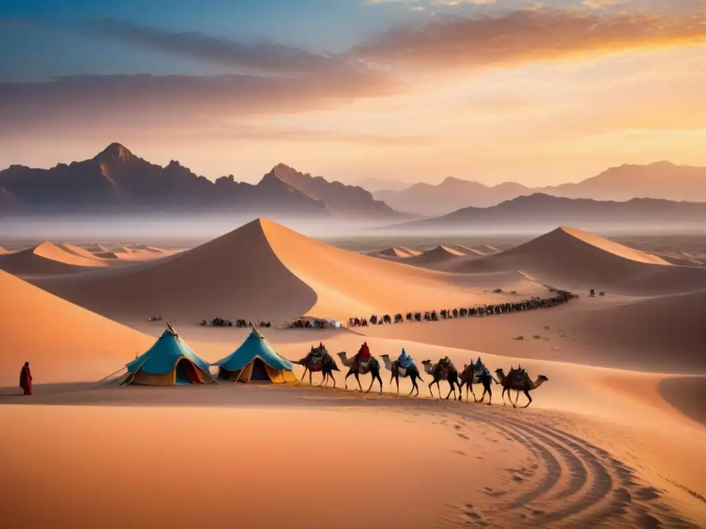 Fortificaciones tácticas nómadas en un desierto al atardecer con tribu y camellos, bajo cielo anaranjado y rosado