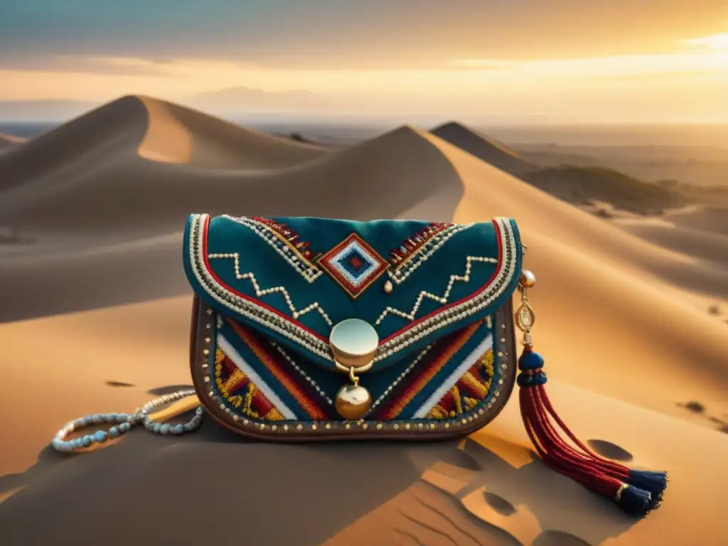 Una foto de la importancia de los accesorios en la cultura nómada, con bolsos de cuero y joyas bordadas en las dunas al atardecer