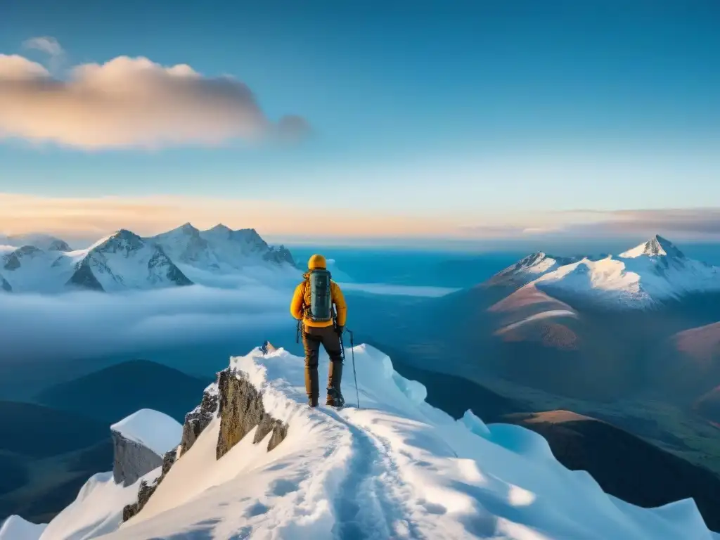 Fotógrafo aventurero con vestimenta para fotógrafo aventurero capturando un amanecer en la montaña nevada