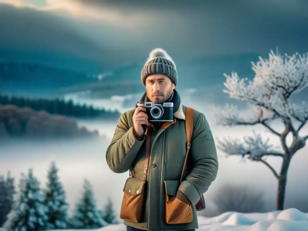 Fotógrafo en invierno con equipo fotográfico en bajas temperaturas