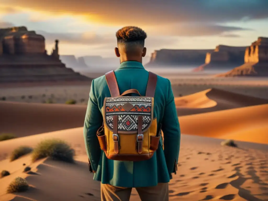 Un fotógrafo nómada lleva una bolsa tribal en el desierto al atardecer