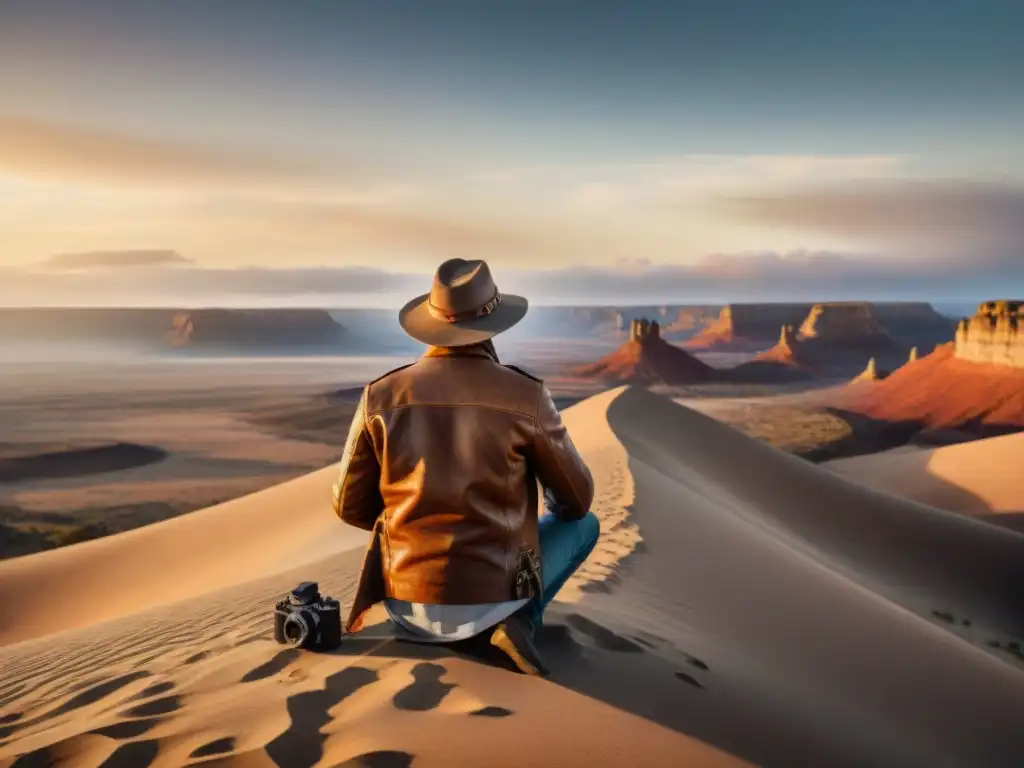 Fotógrafo nómada en el desierto al atardecer ajustando cámara