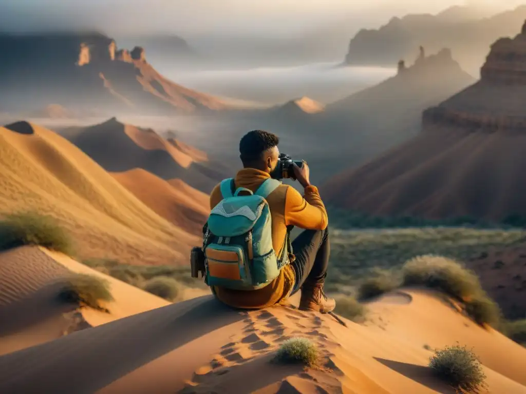 Fotógrafo nómada ajusta cámara en desierto, luz dorada destaca detalles