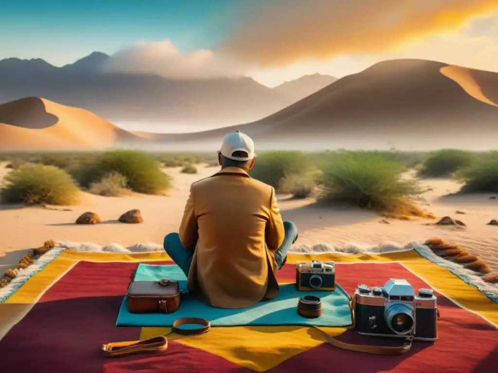 Fotógrafo nómada revisando fotos al atardecer en el desierto rodeado de cámaras antiguas