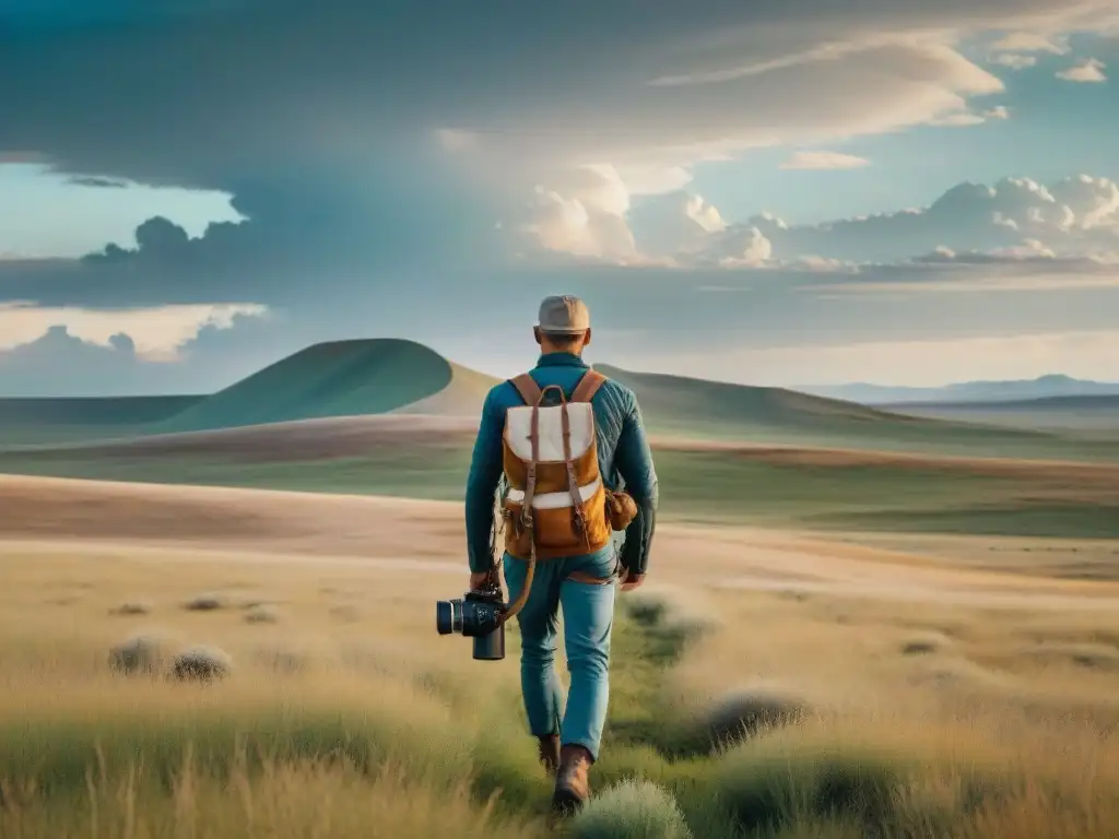 Un fotógrafo nómada con mochila y equipo, camina por la estepa bajo un cielo dramático